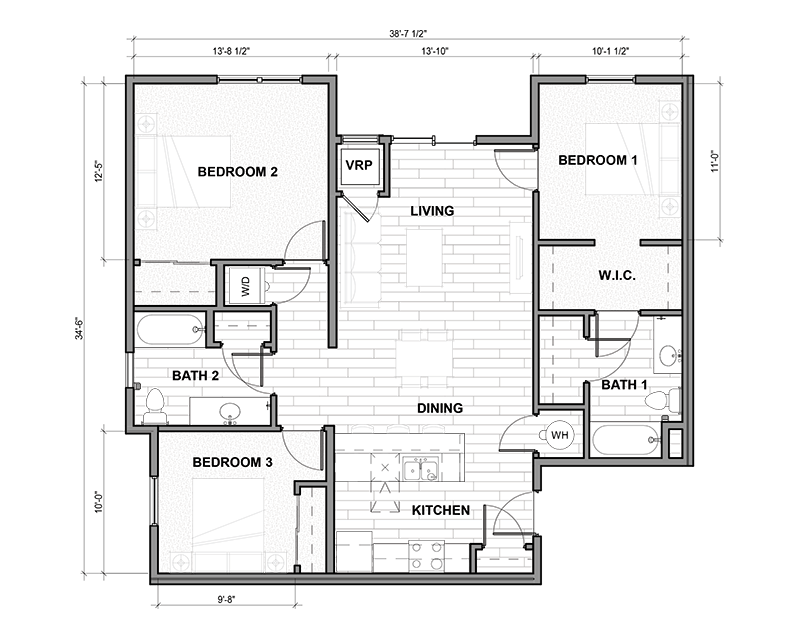 A floor plan of a house with three bedrooms, a living room, a dining room, a kitchen, and two bathrooms.